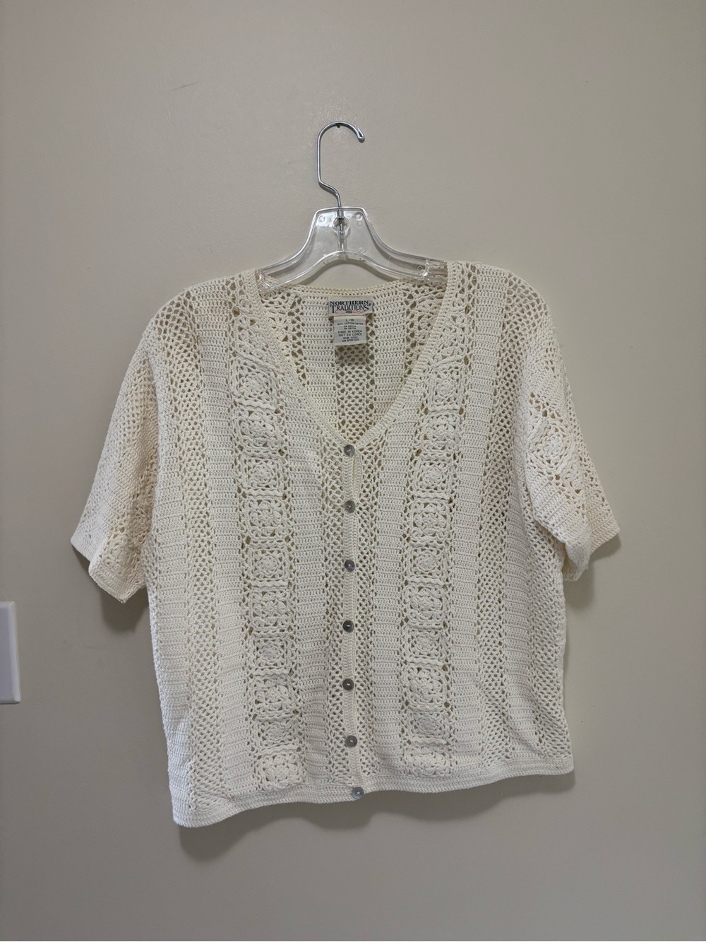 Vintage Northern Traditions Cream 100% Cotton Crochet Button-Up Short Sleeve